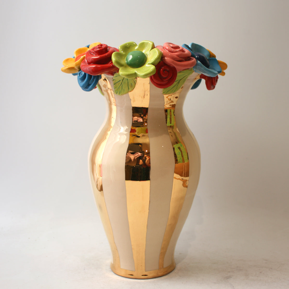 Large Multiflower Encrusted Vase in Gold and White Stripes