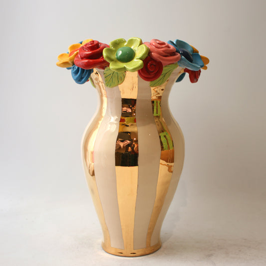 Large Multiflower Encrusted Vase in Gold and White Stripes