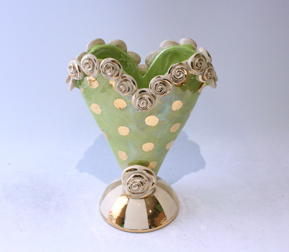 Small Rose Encrusted Heart Vase in Iridescent Green with Gold Dots
