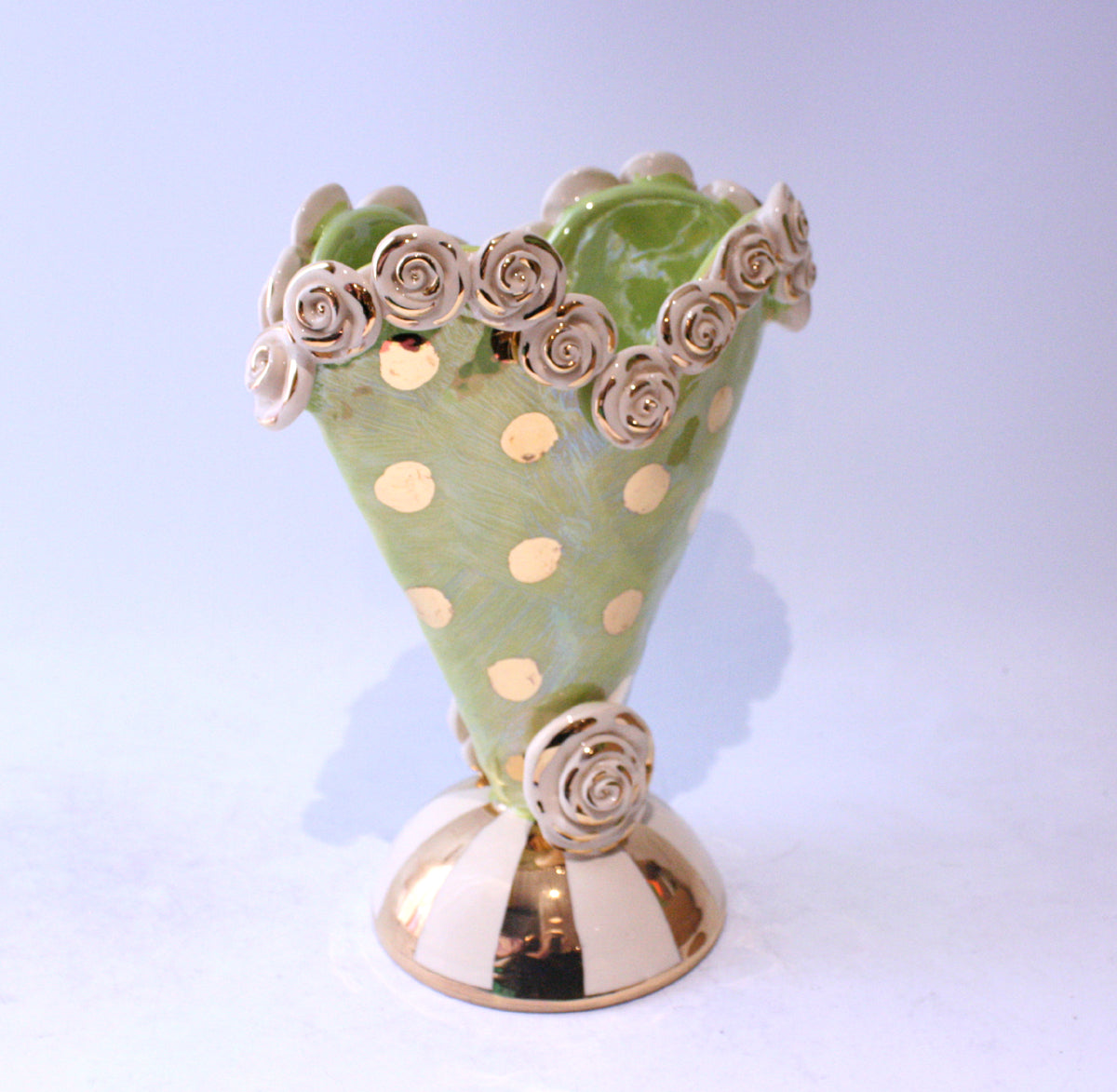 Small Rose Encrusted Heart Vase in Iridescent Green with Gold Dots