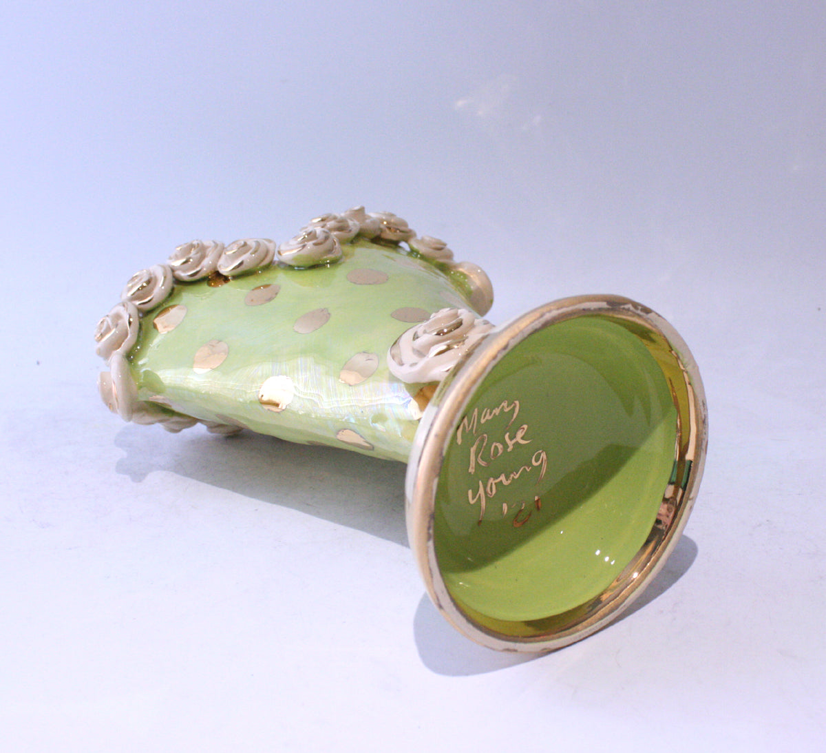 Small Rose Encrusted Heart Vase in Iridescent Green with Gold Dots
