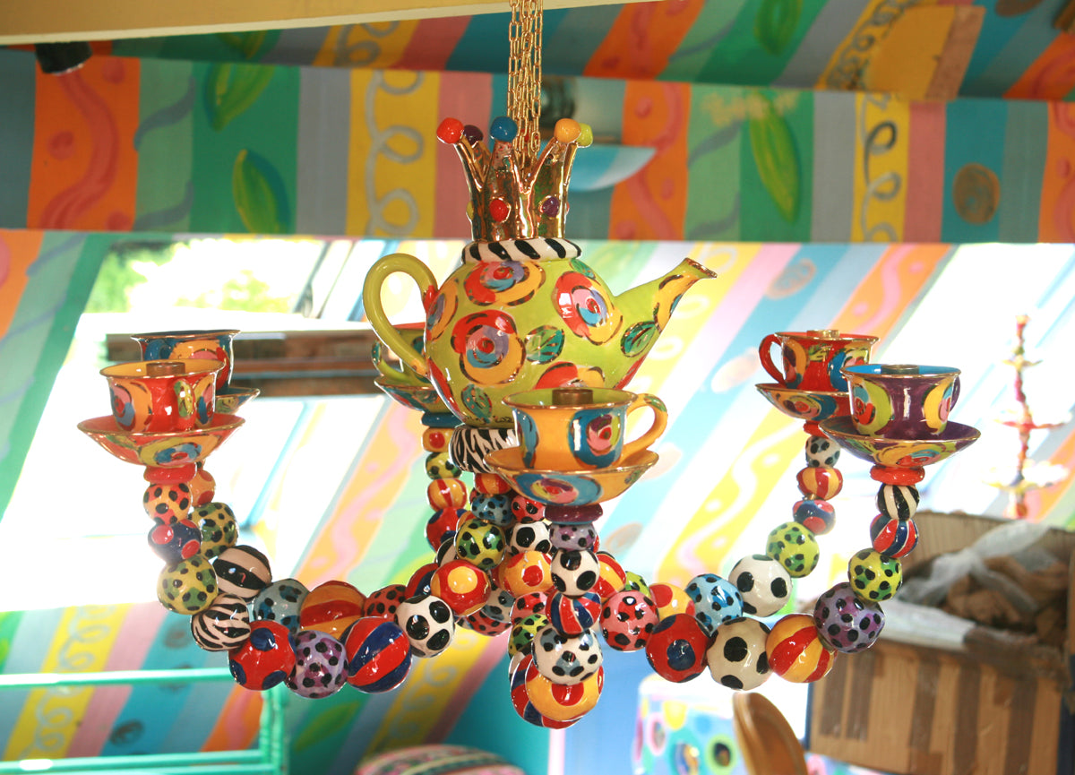 Six Armed Teaset Chandelier in Gold New Rose Green