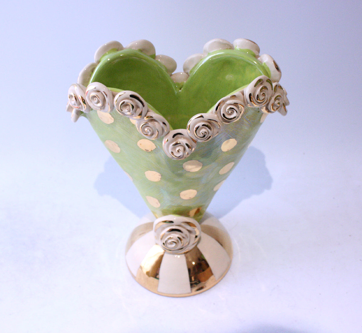 Small Rose Encrusted Heart Vase in Iridescent Green with Gold Dots