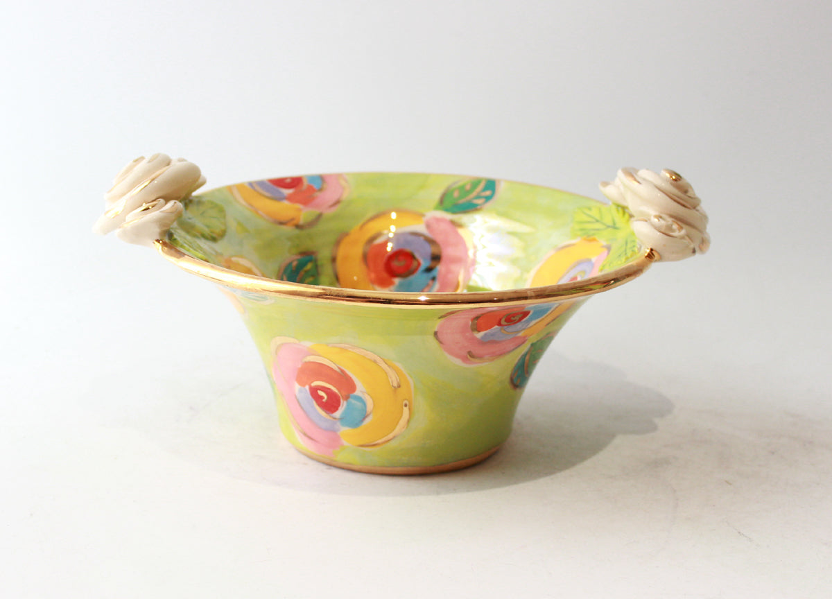 Small Rose Edged Serving Bowl in Gold New Rose on Lime Green