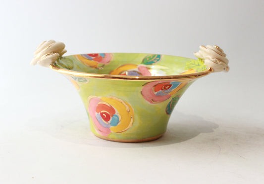 Small Rose Edged Serving Bowl in Gold New Rose on Lime Green