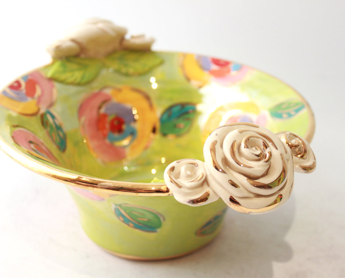 Small Rose Edged Serving Bowl in Gold New Rose on Lime Green