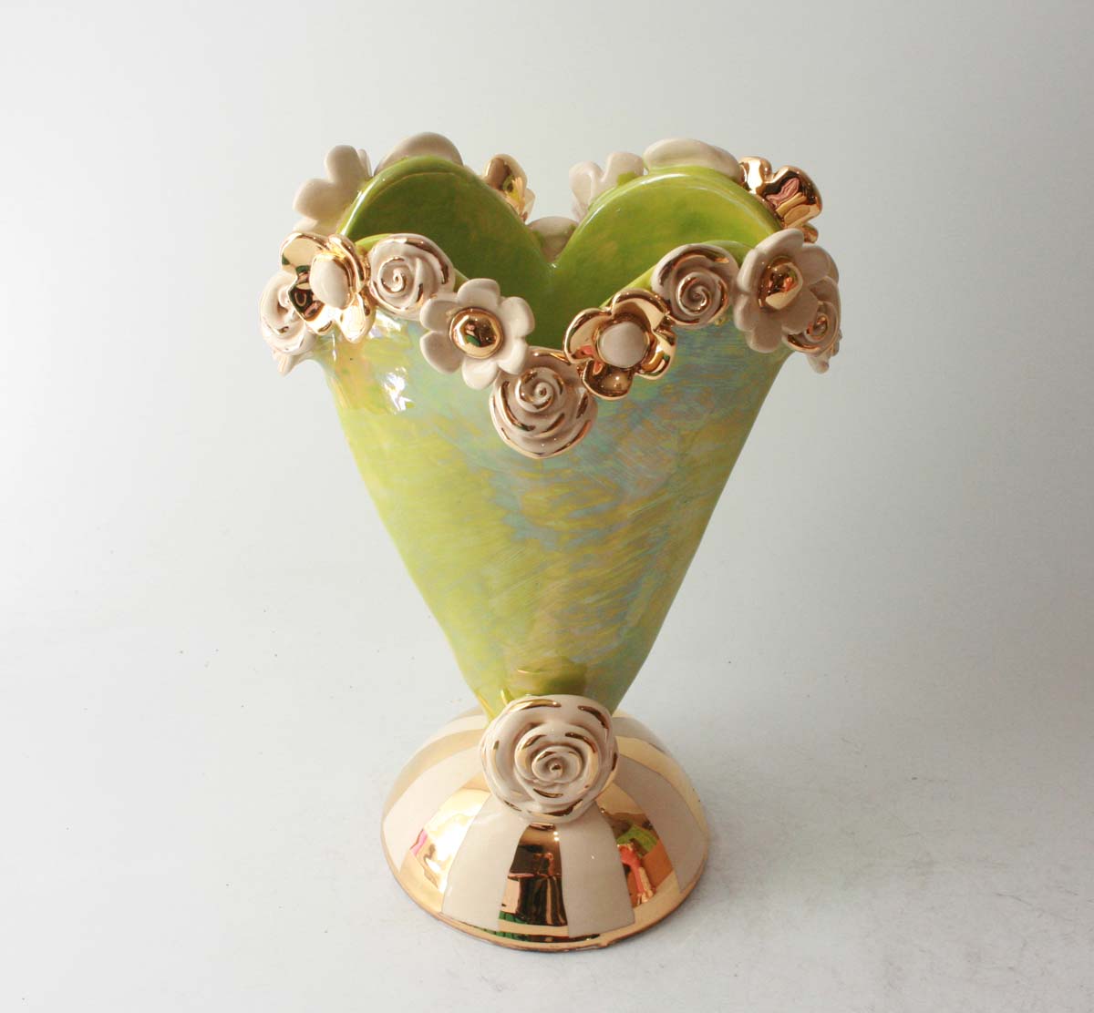 Medium Multiflower Encrusted Heart Vase in Iridescent Green