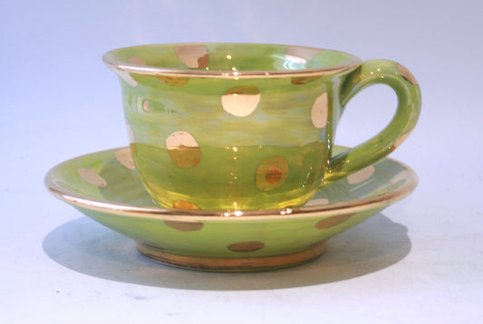 Green Cup and Saucer with Gold Dots
