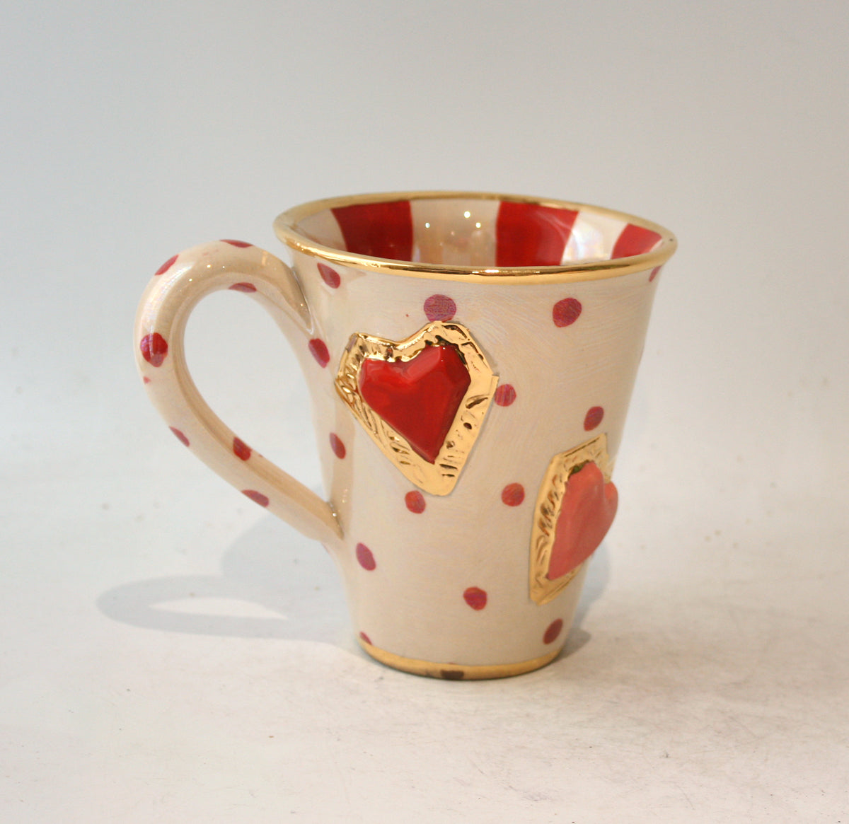 New Shape Large Jewelled Heart Mug in Red Polka
