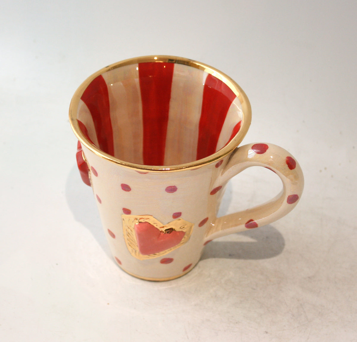 New Shape Large Jewelled Heart Mug in Red Polka