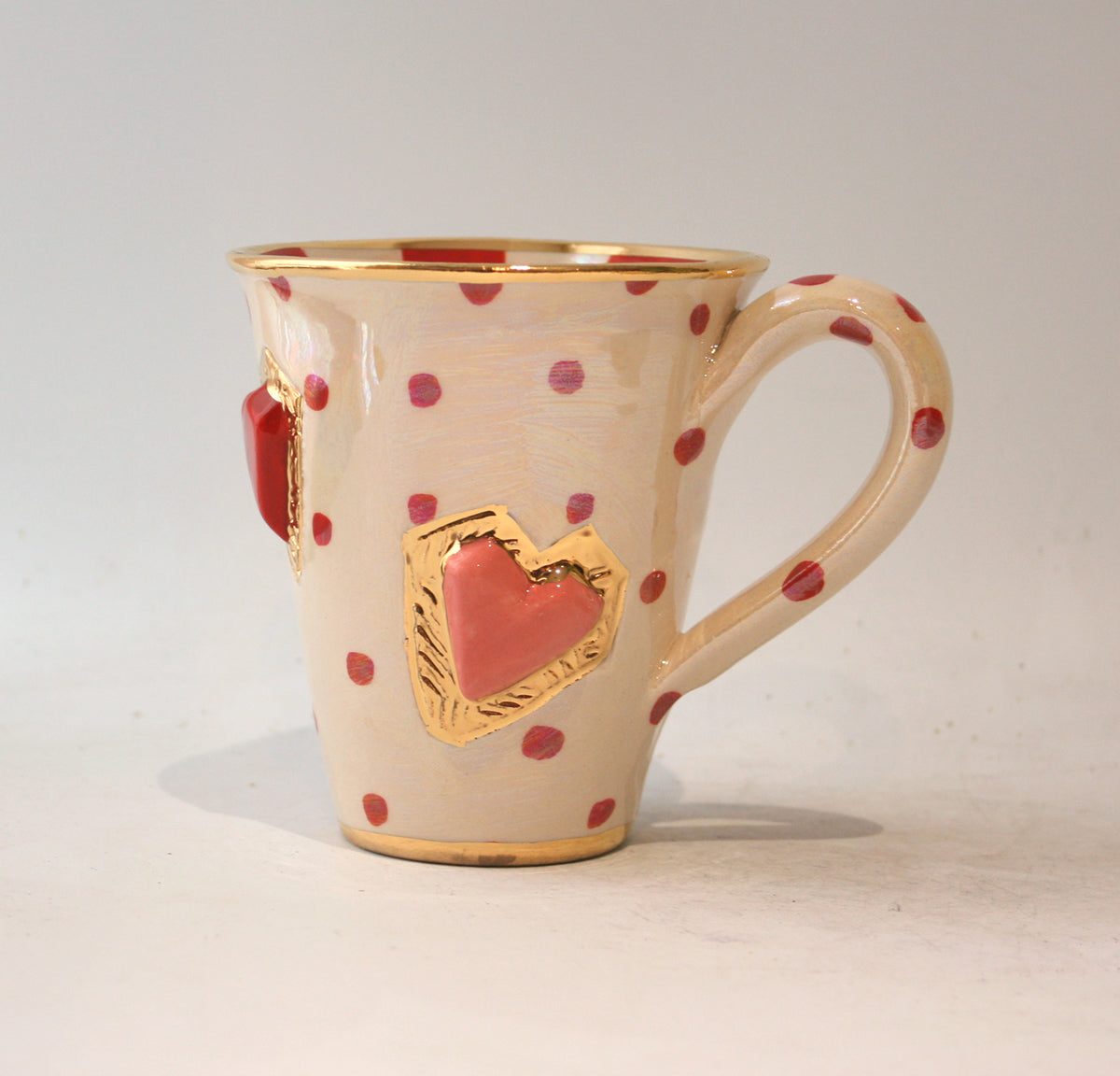 New Shape Large Jewelled Heart Mug in Red Polka