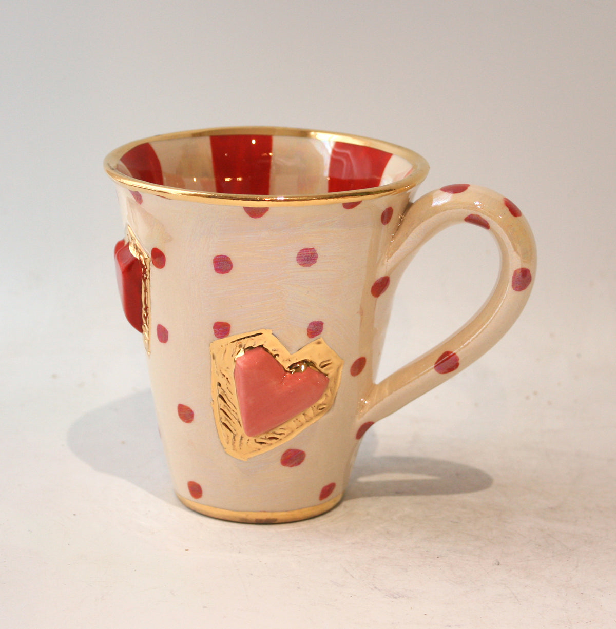 New Shape Large Jewelled Heart Mug in Red Polka