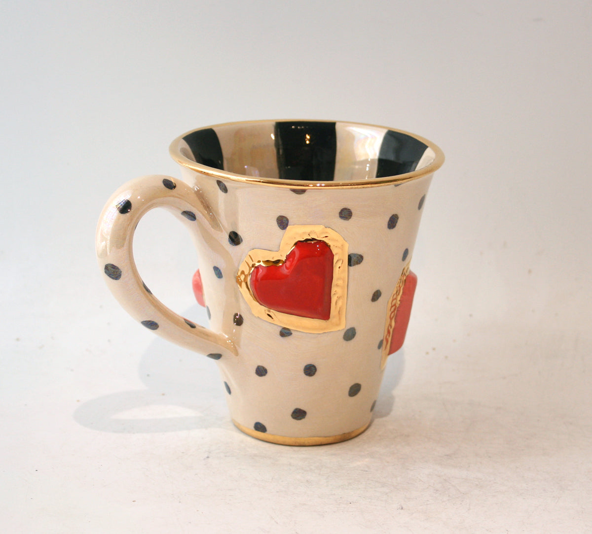 New Shape Large Jewelled Heart Mug in Black Polka