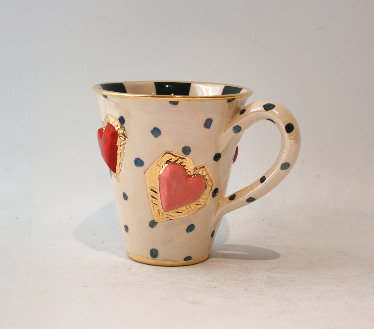 New Shape Large Jewelled Heart Mug in Black Polka