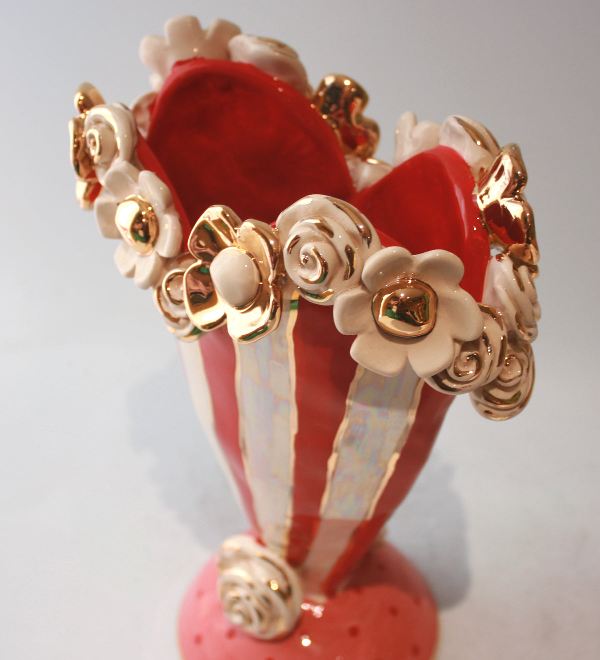 Large Multiflower Encrusted Heart Vase in Red Stripe