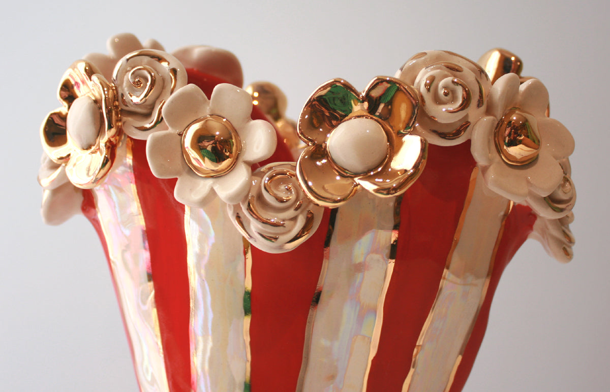 Large Multiflower Encrusted Heart Vase in Red Stripe