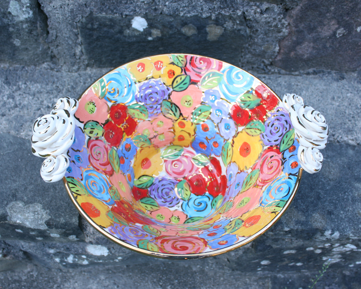 Medium Rose Edged Serving Bowl in Pastel Blooms