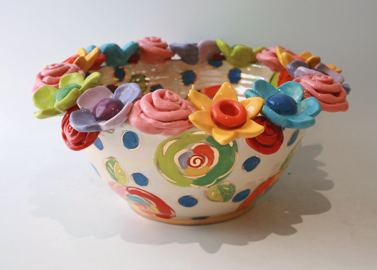 Large Multiflower Encrusted Bowl in Blue Polka