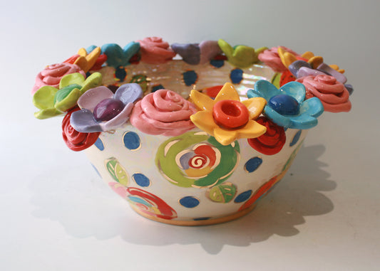 Large Multiflower Encrusted Bowl in Blue Polka