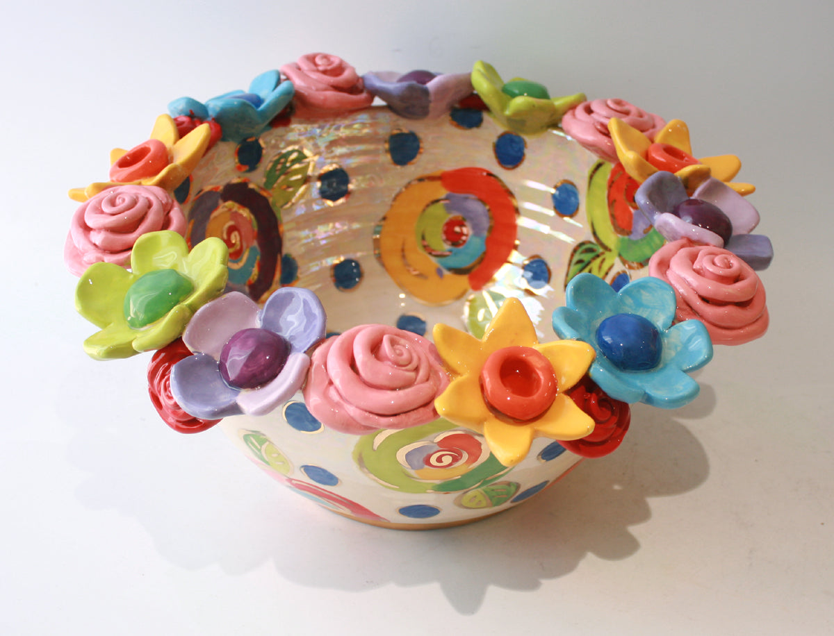 Large Multiflower Encrusted Bowl in Blue Polka