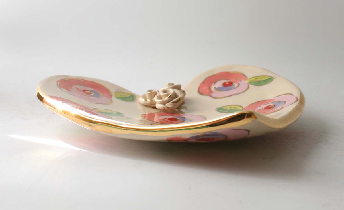 Large Heart Shaped Dish in Gold New Rose on Iridescent White