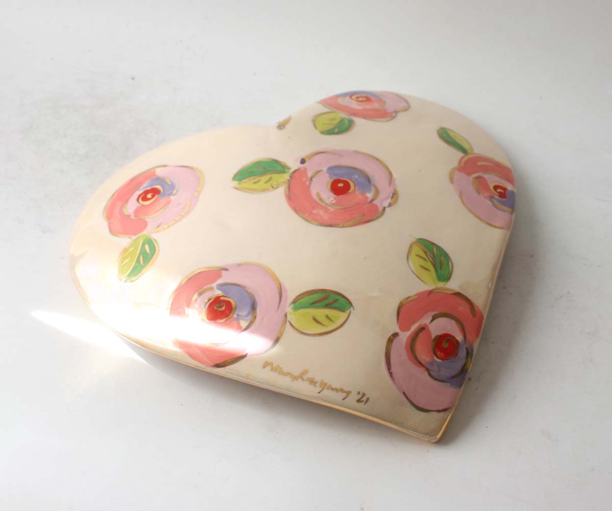 Large Heart Shaped Dish in Gold New Rose on Iridescent White
