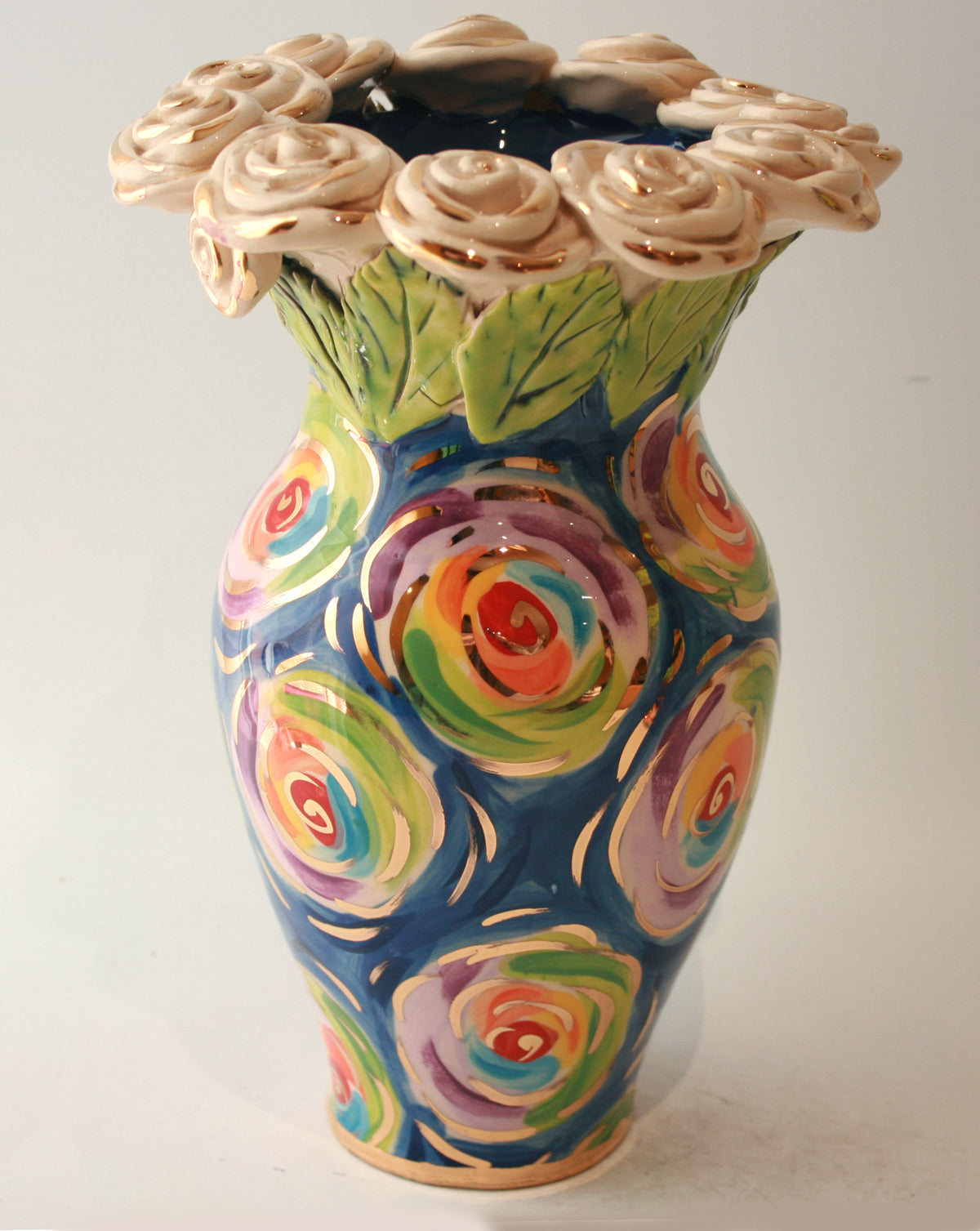 Large Rose Encrusted Vase in Swirls