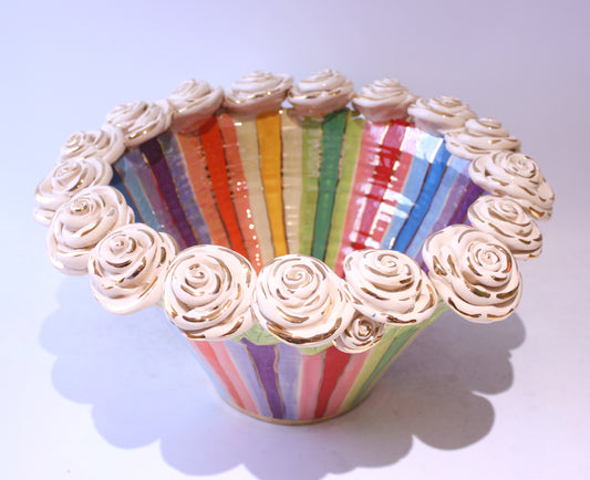 Large Rose Encrusted Bowl in Lustred Stripe