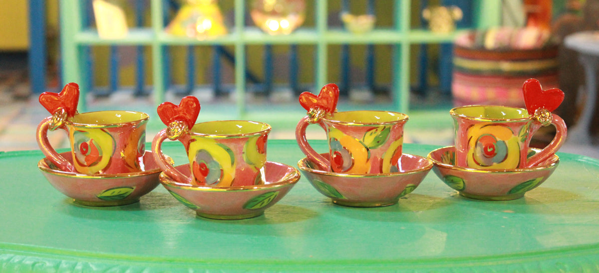 Heart Handled Demi Tasse and Saucer in Lustred New Rose Pink