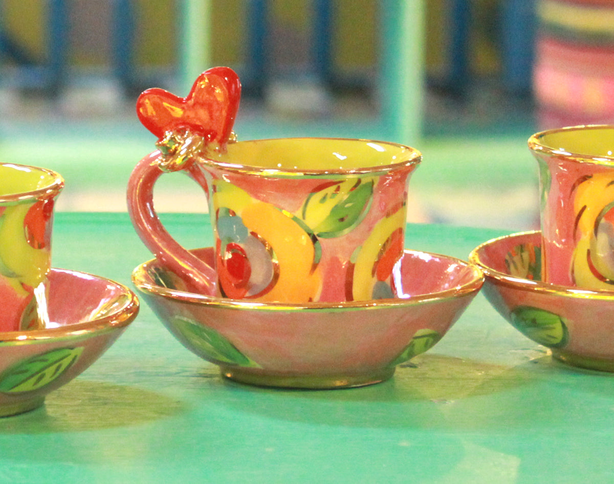 Heart Handled Demi Tasse and Saucer in Lustred New Rose Pink