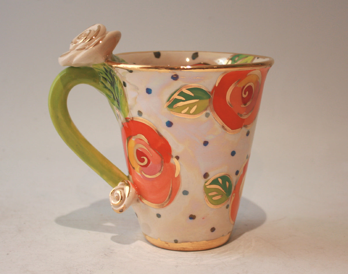 Rose Handled New Shape Large Mug in Orange Gold New Rose Polka