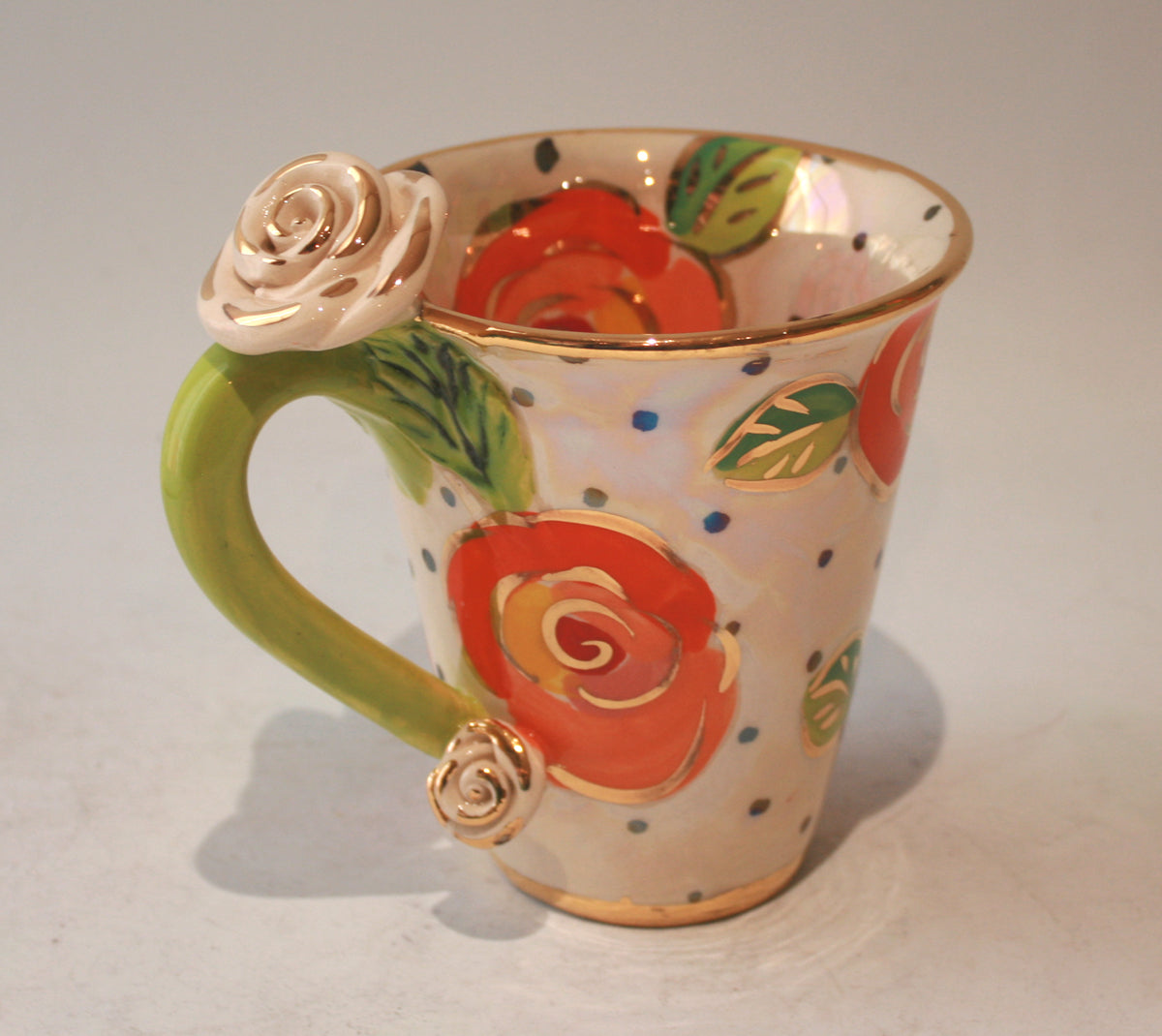 Rose Handled New Shape Large Mug in Orange Gold New Rose Polka