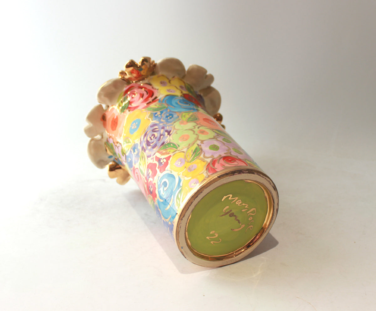 Small Multiflower Encrusted Cylinder Vase in Pastel Blooms