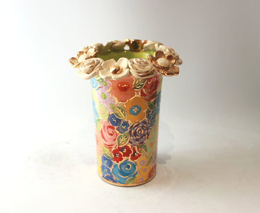 Small Multiflower Encrusted Cylinder Vase in Pastel Blooms