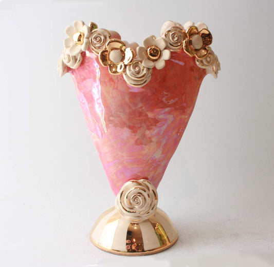 Medium Multiflower Encrusted Heart Vase in Iridescent Pink