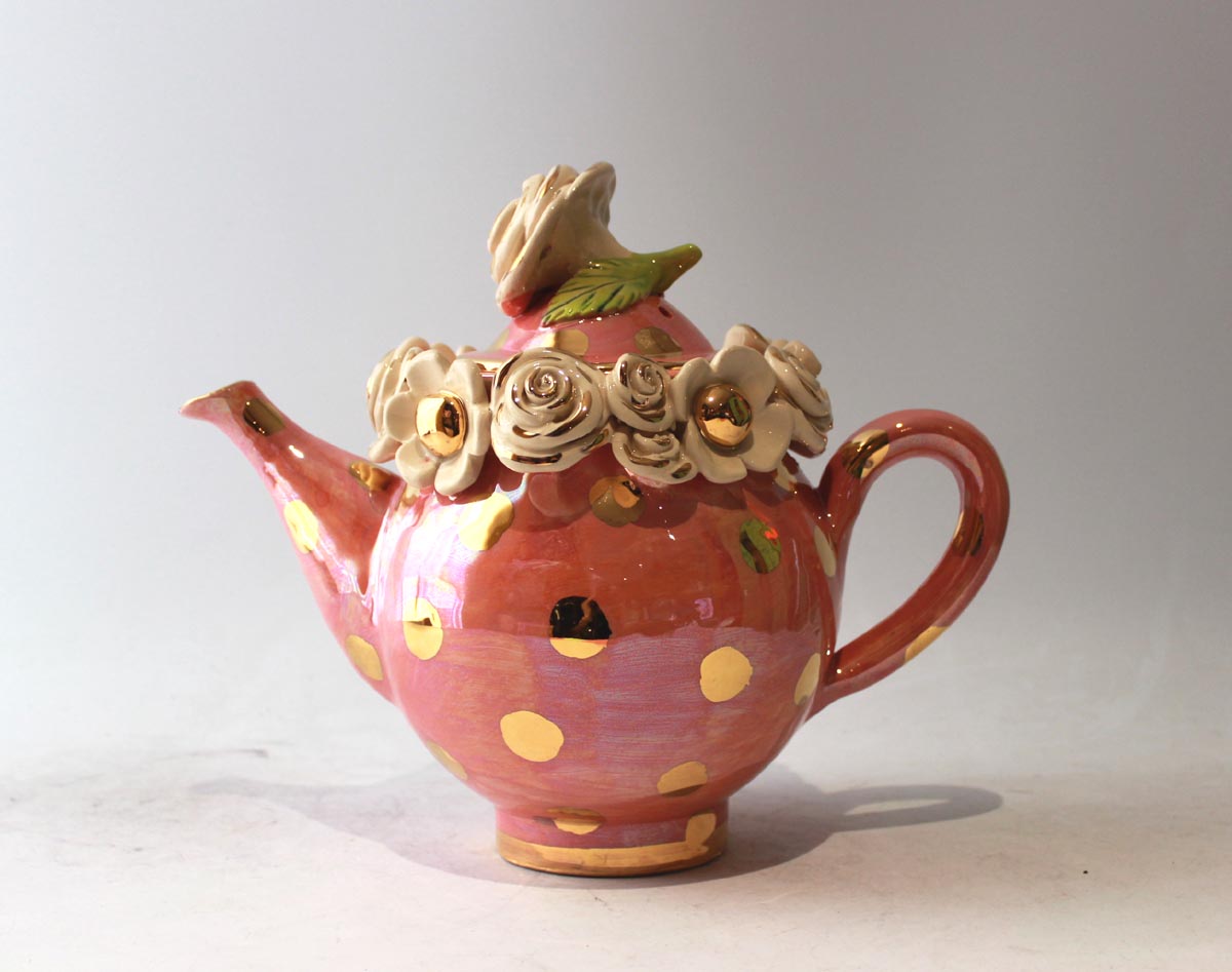 Medium Multiflower Encrusted Teapot in Pink with Gold Dots