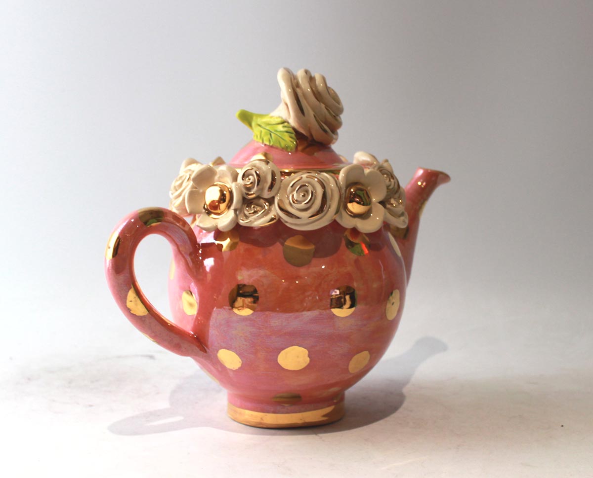 Medium Multiflower Encrusted Teapot in Pink with Gold Dots