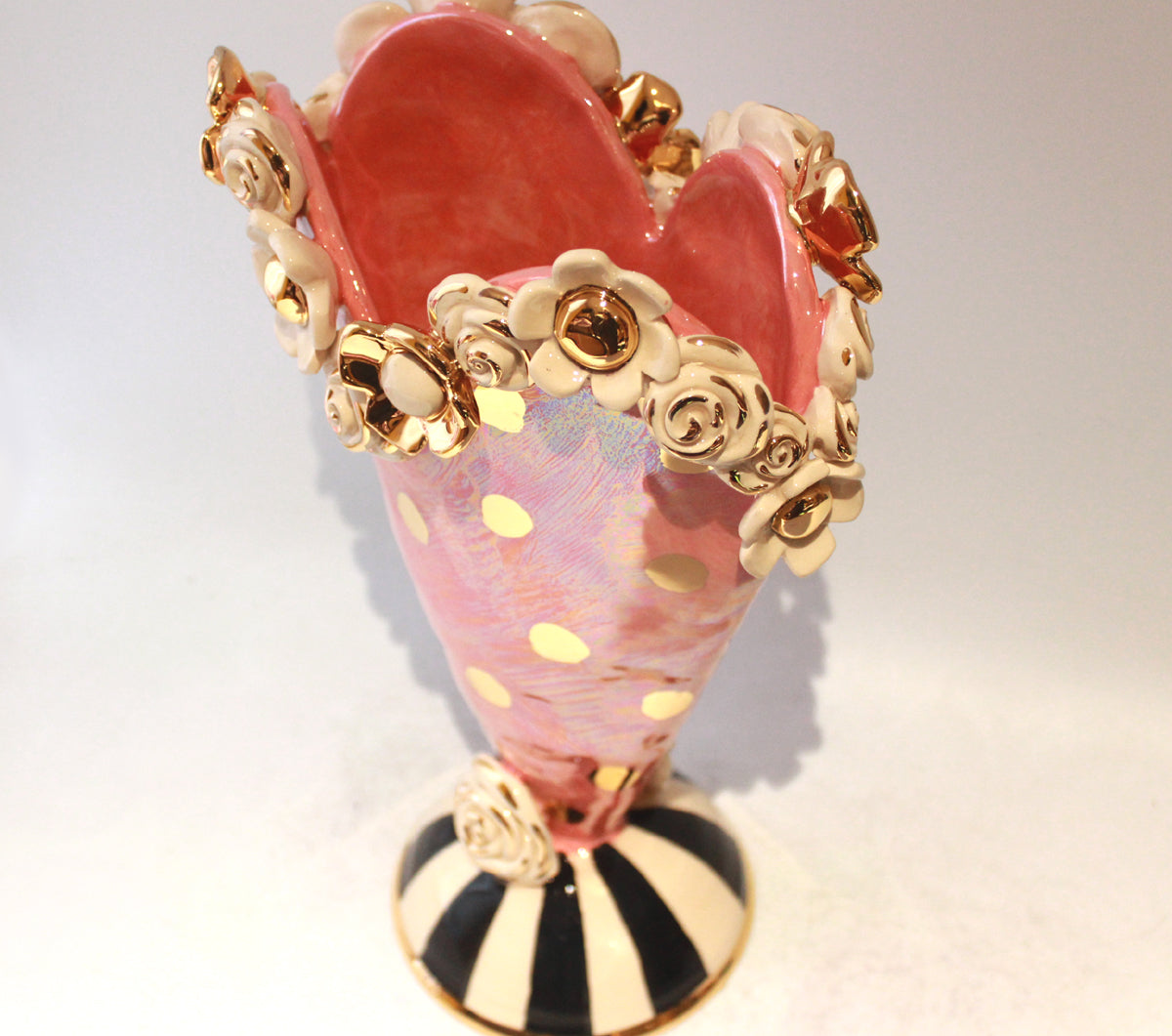 Large Multiflower Encrusted Heart Vase in Iridescent Pink with Gold Dots
