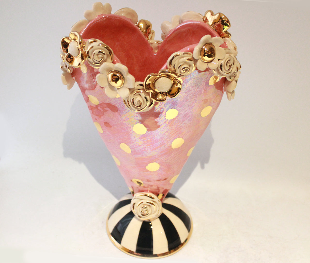 Large Multiflower Encrusted Heart Vase in Iridescent Pink with Gold Dots