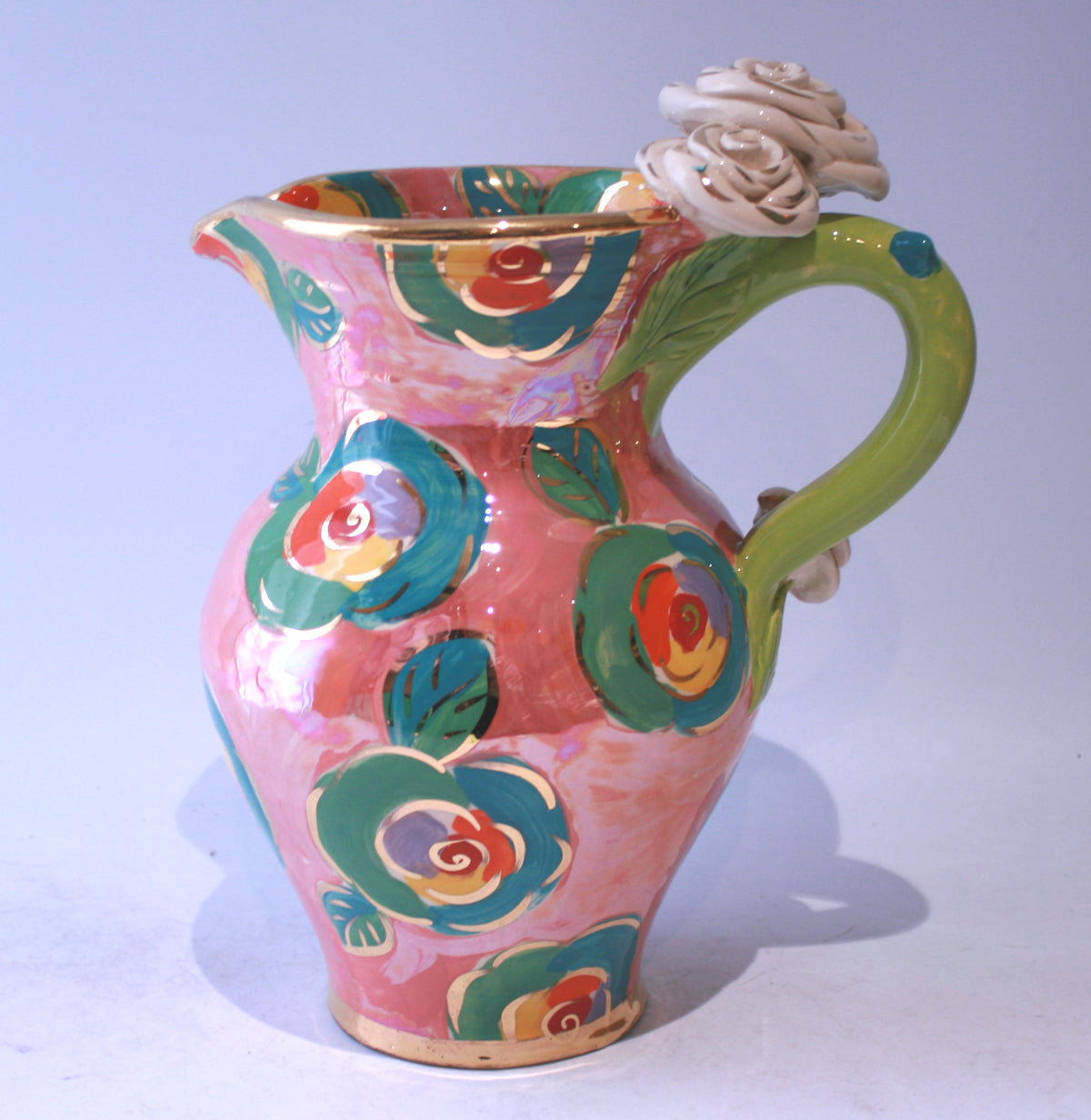 Large Rose Handled Jug in Gold New Rose on Iridescent Pink