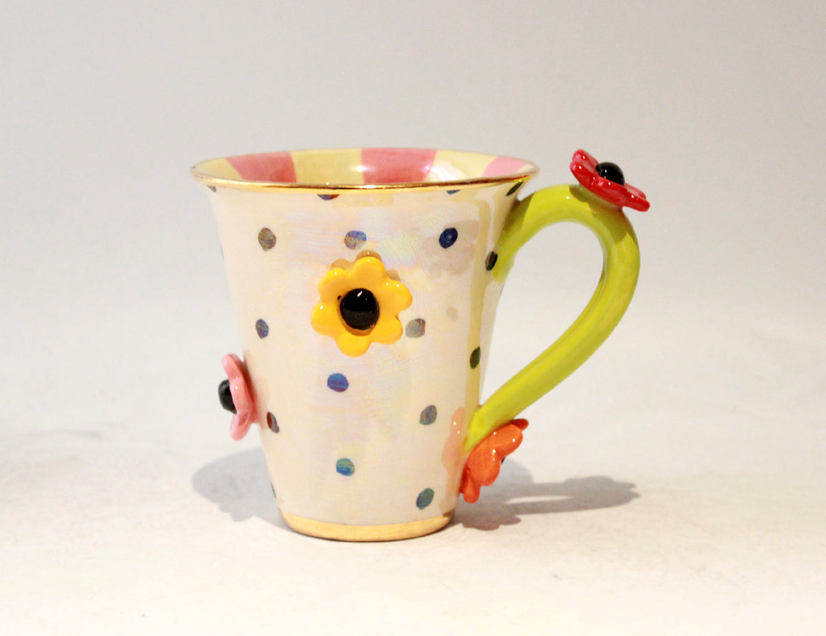 Daisy Studded Mug in Polka with Pink Stripes