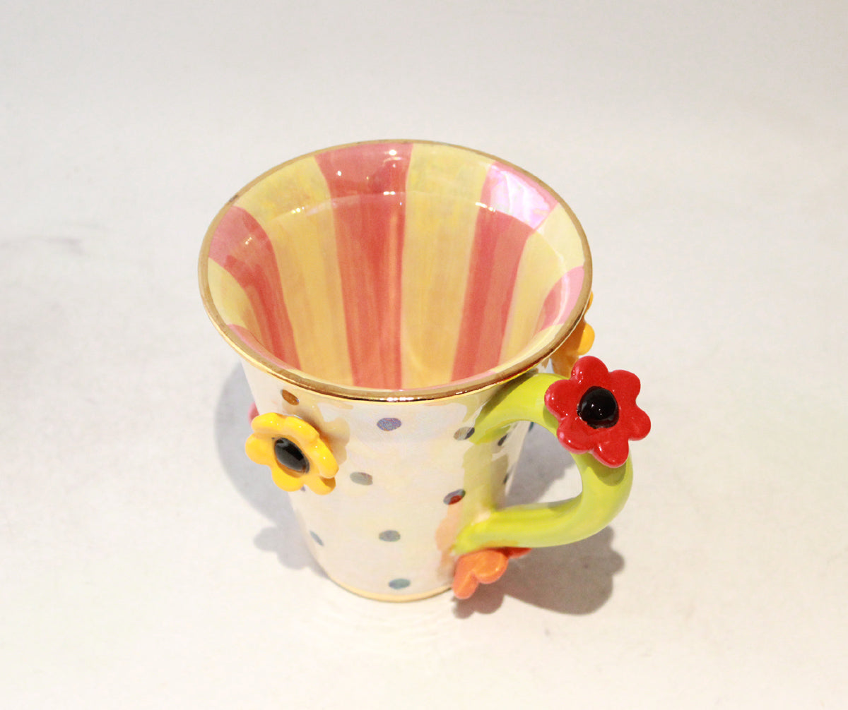 Daisy Studded Mug in Polka with Pink Stripes