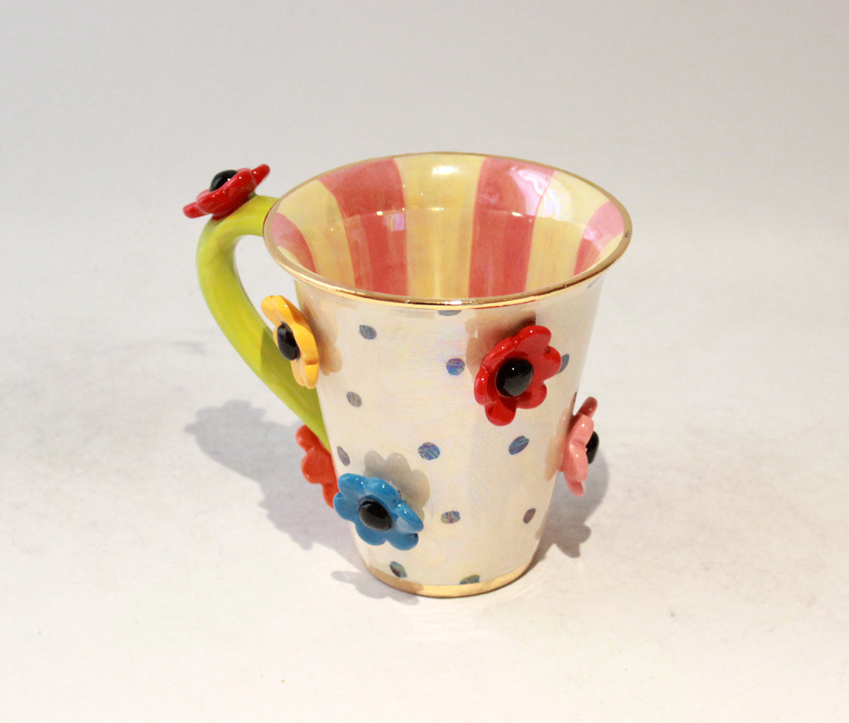 Daisy Studded Mug in Polka with Pink Stripes