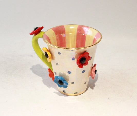 Daisy Studded Mug in Polka with Pink Stripes