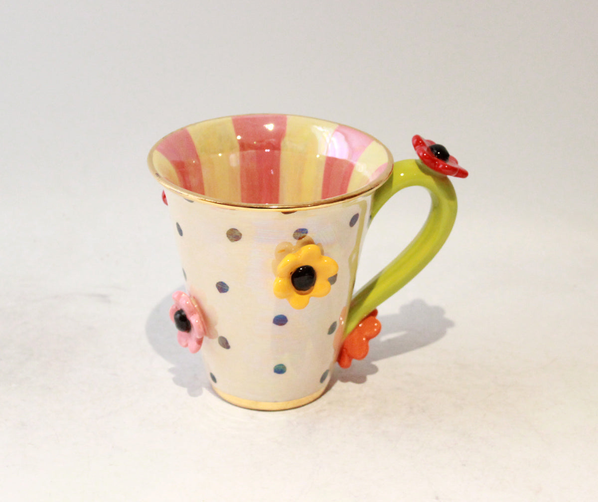Daisy Studded Mug in Polka with Pink Stripes