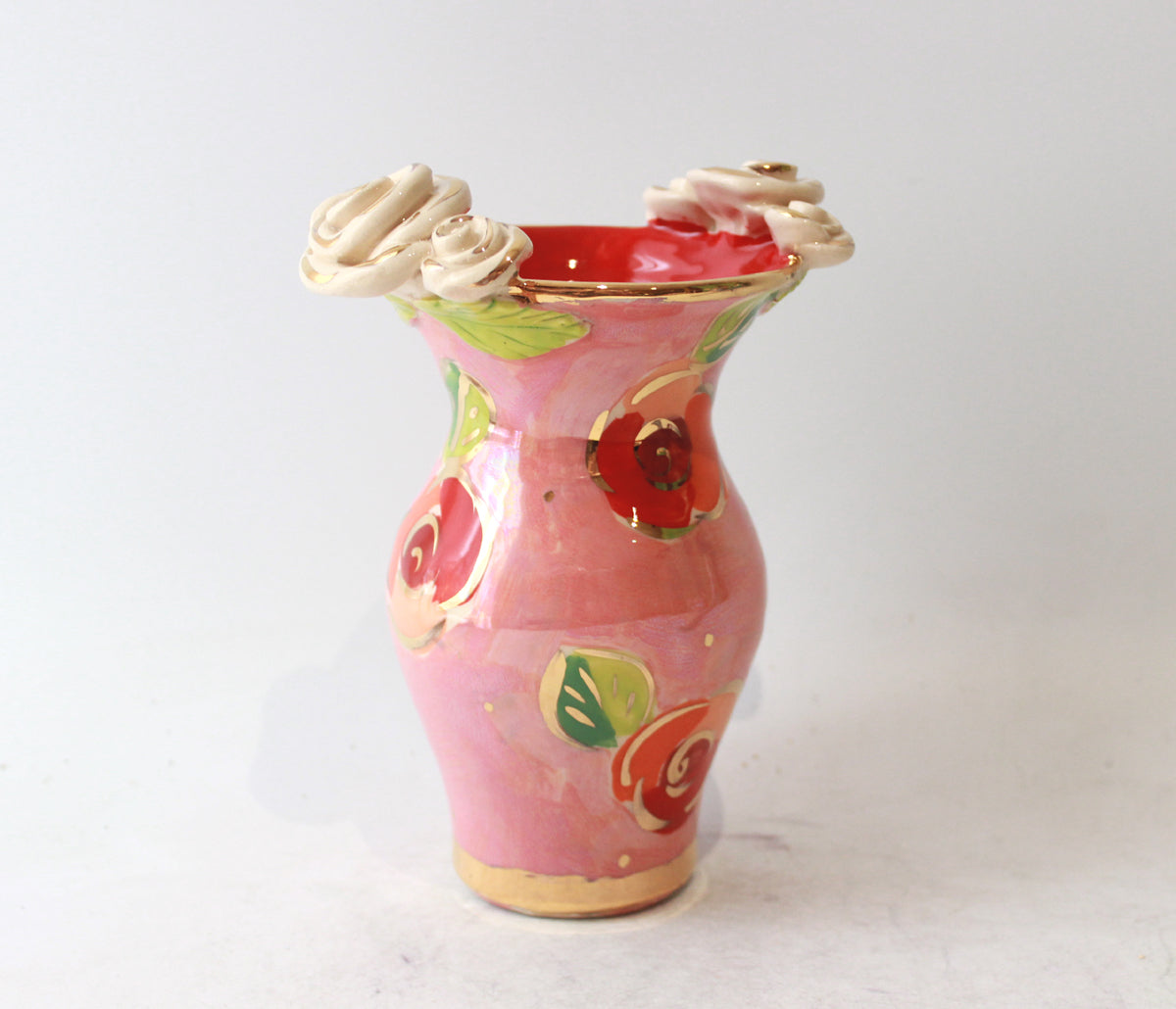 Tiny Rose Edged Vase in Rosebud on Iridescent Pink