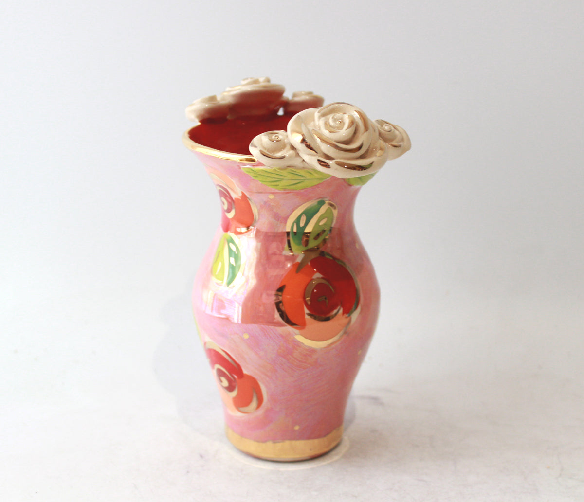 Tiny Rose Edged Vase in Rosebud on Iridescent Pink