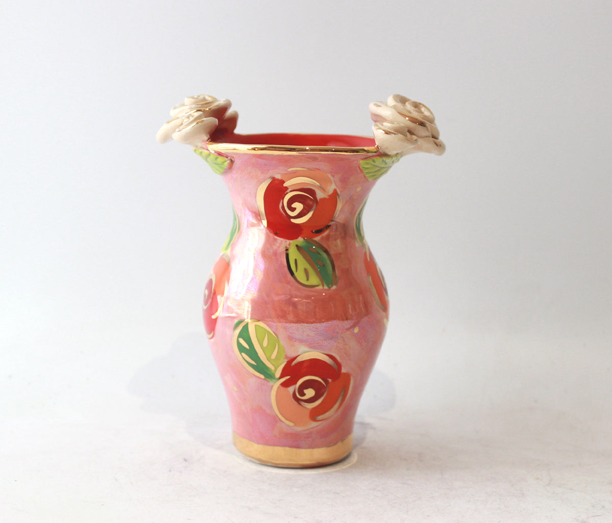 Tiny Rose Edged Vase in Rosebud on Iridescent Pink
