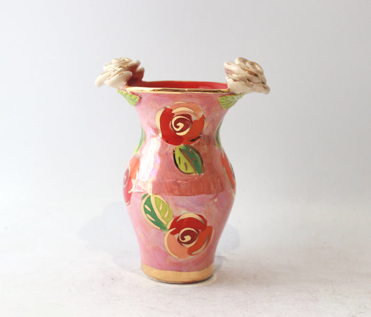 Tiny Rose Edged Vase in Rosebud on Iridescent Pink