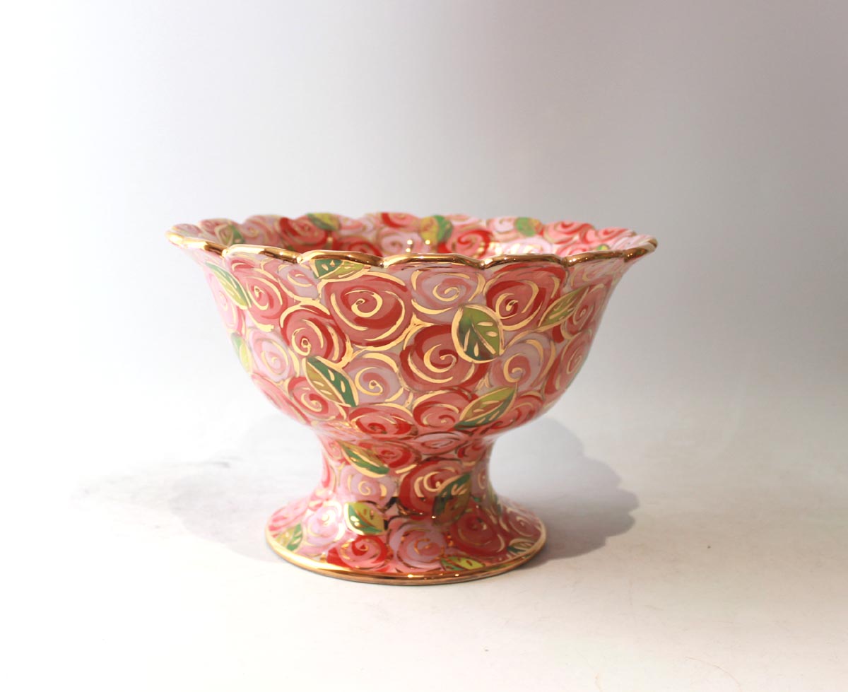 Fluted Punch Bowl in Pink Rosebush